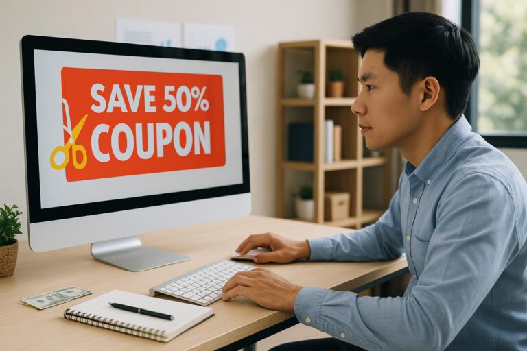 AIライティングツールクーポンPCに向かう男性