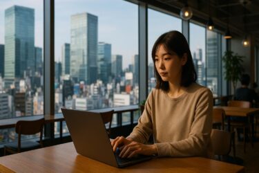 渋谷ビル作業女性画像