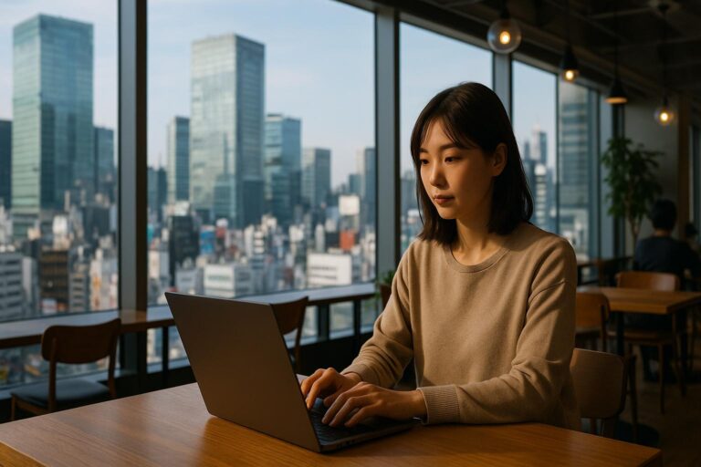 渋谷ビル作業女性画像